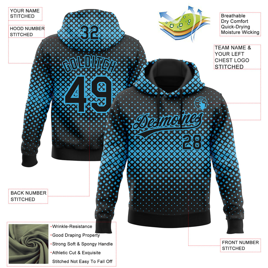 Custom Stitched Black Black-Sky Blue 3D Pattern Design Geometrico Graph Sports Pullover Sweatshirt Hoodie