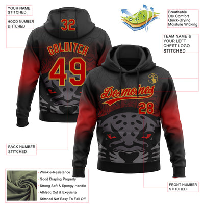 Custom Stitched Black Red-Old Gold 3D Pattern Design Leopardo Sports Pullover Sweatshirt Hoodie