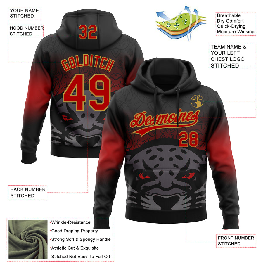 Custom Stitched Black Red-Old Gold 3D Pattern Design Leopardo Sports Pullover Sweatshirt Hoodie