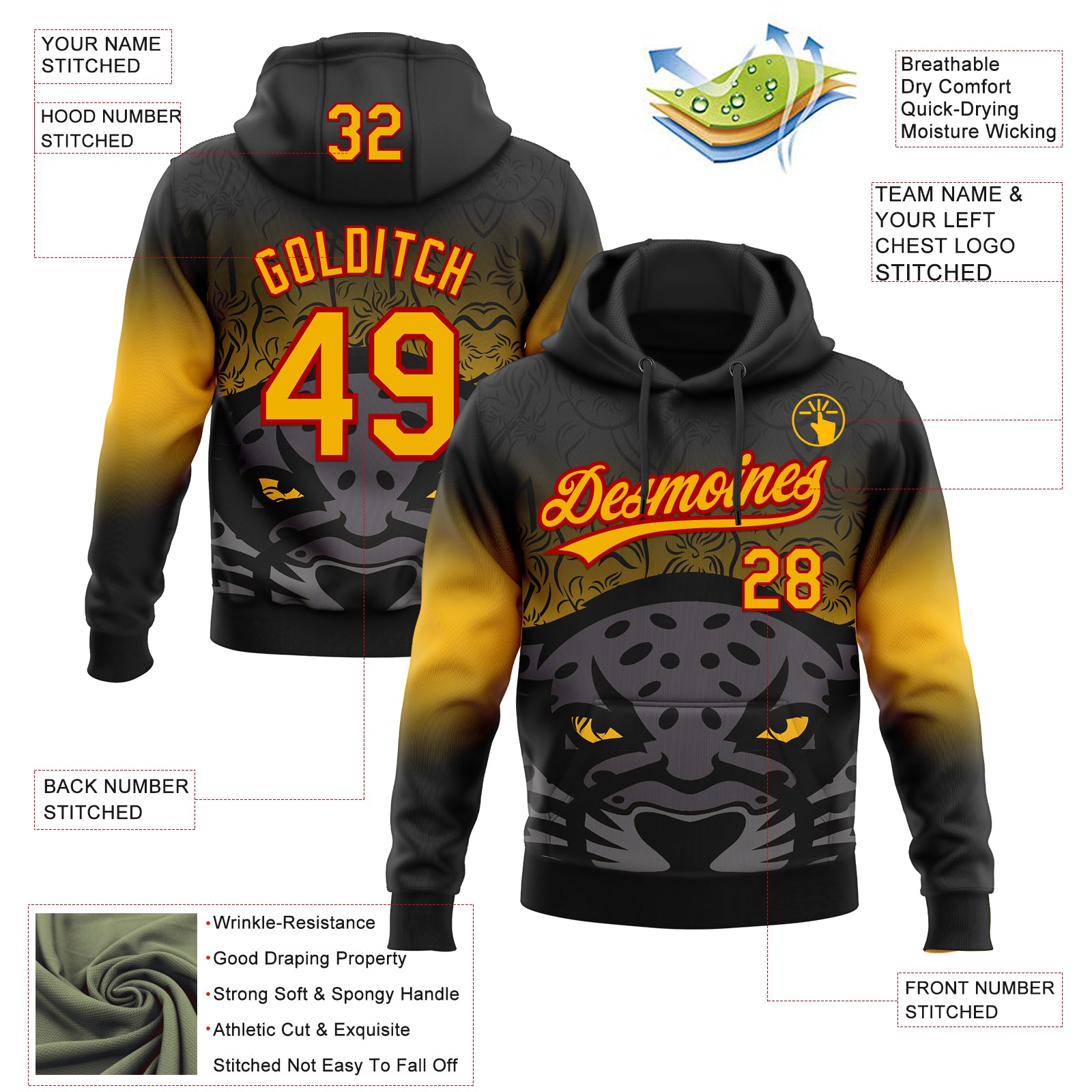 Custom Stitched Black Gold-Red 3D Pattern Design Leopardo Sports Pullover Sweatshirt Hoodie