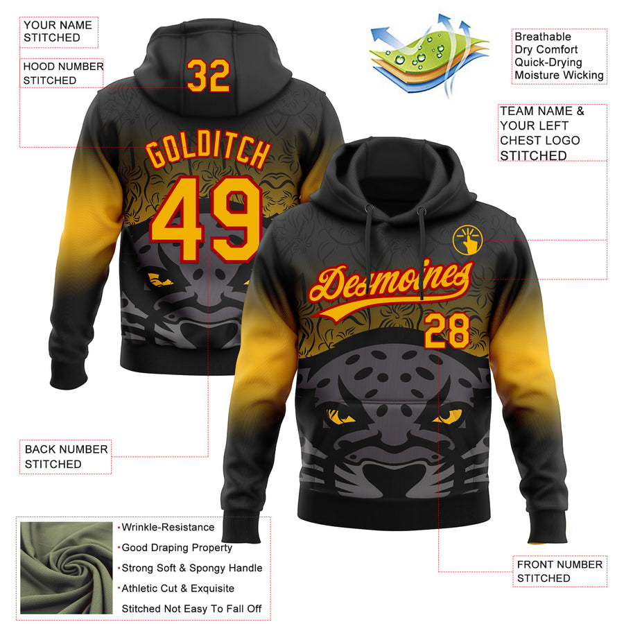 Custom Stitched Black Gold-Red 3D Pattern Design Leopardo Sports Pullover Sweatshirt Hoodie