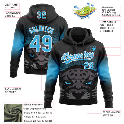 Custom Stitched Black Sky Blue-White 3D Pattern Design Leopardo Sports Pullover Sweatshirt Hoodie
