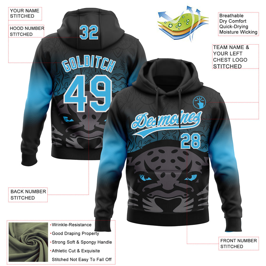 Custom Stitched Black Sky Blue-White 3D Pattern Design Leopardo Sports Pullover Sweatshirt Hoodie