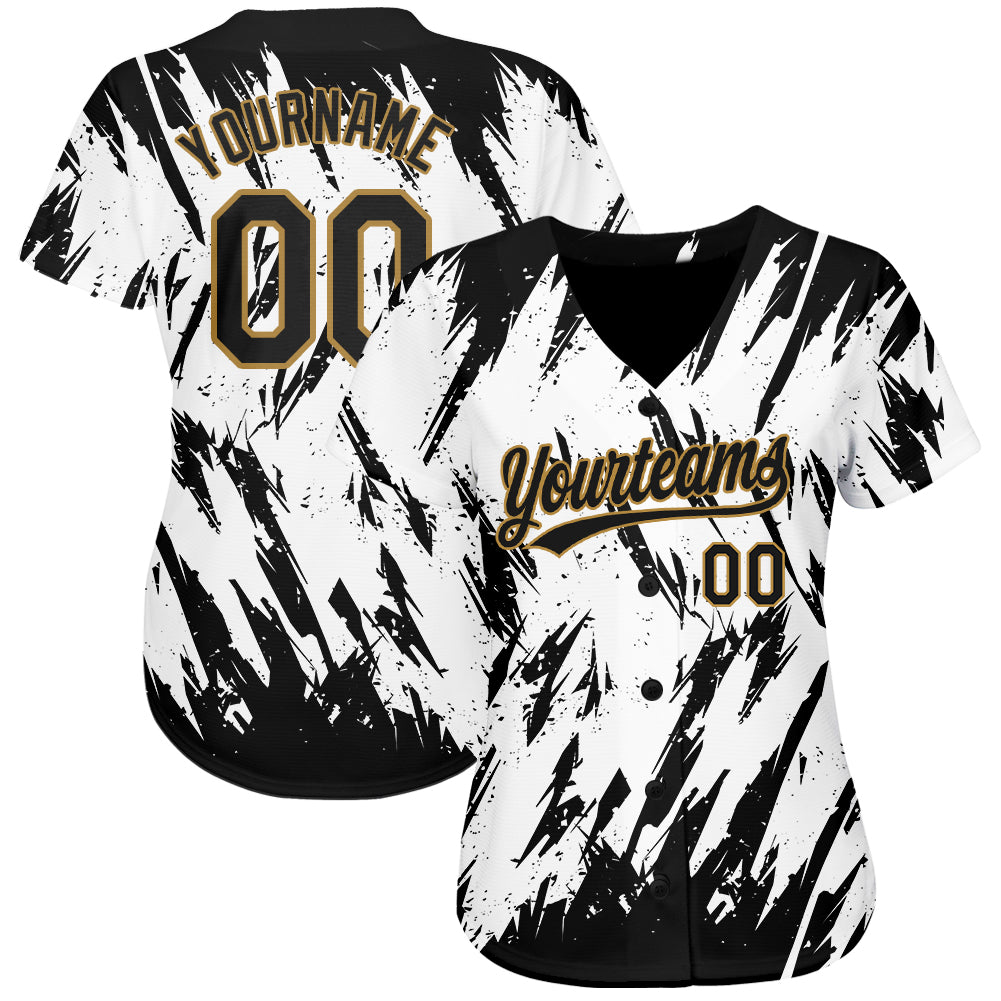 Custom White Black-Old Gold 3D Pattern Design Authentic Baseball Jersey