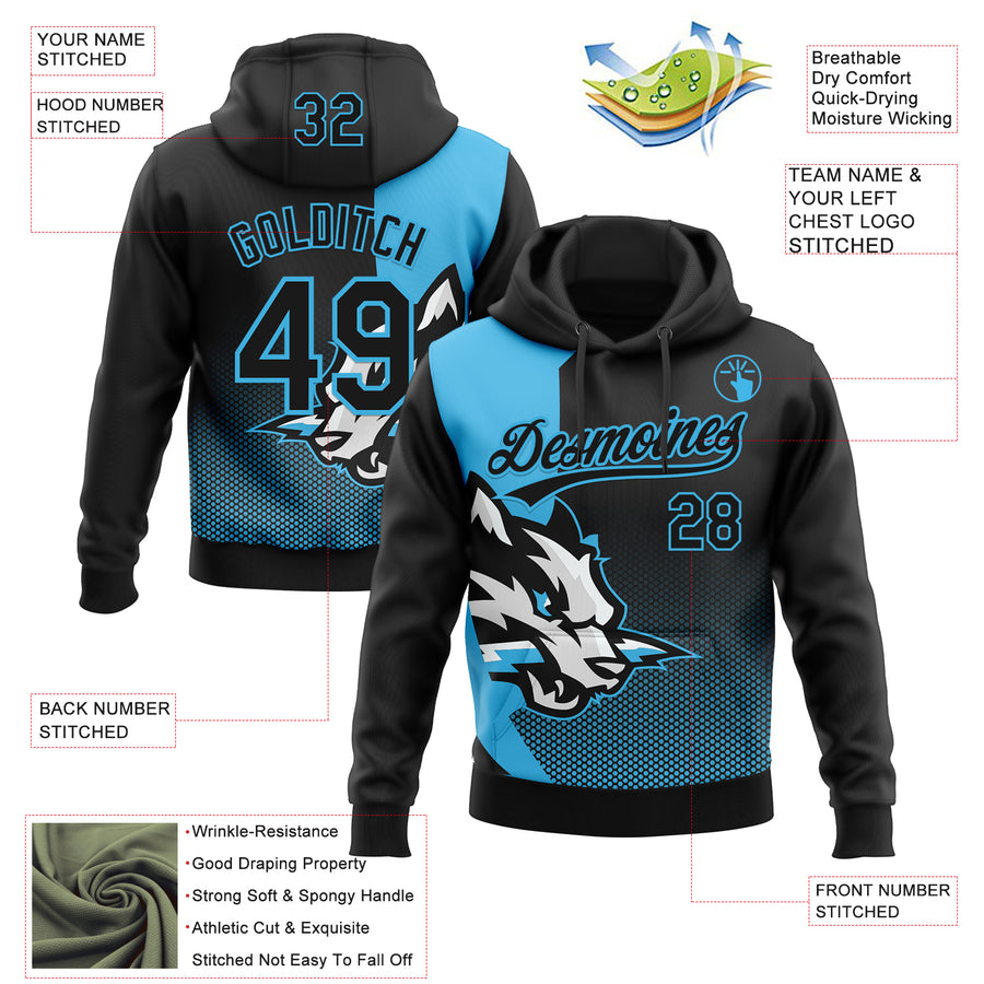 Custom Stitched Black Black-Sky Blue 3D Pattern Design Wolf Sports Pullover Sweatshirt Hoodie