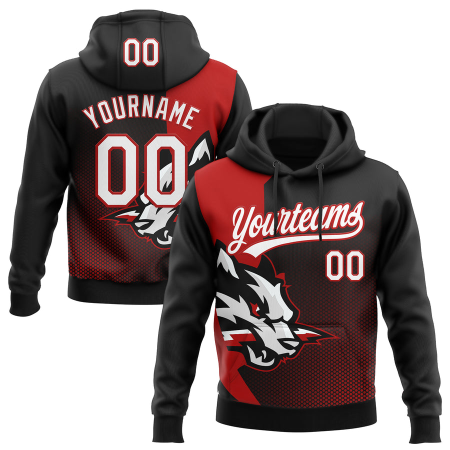 Custom Stitched Black White-Red 3D Pattern Design Wolf Sports Pullover Sweatshirt Hoodie