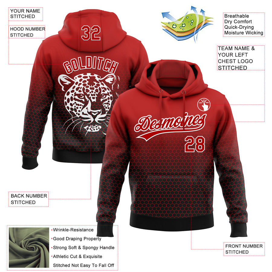 Custom Stitched Black Red-White 3D Pattern Design Leopardo Sports Pullover Sweatshirt Hoodie