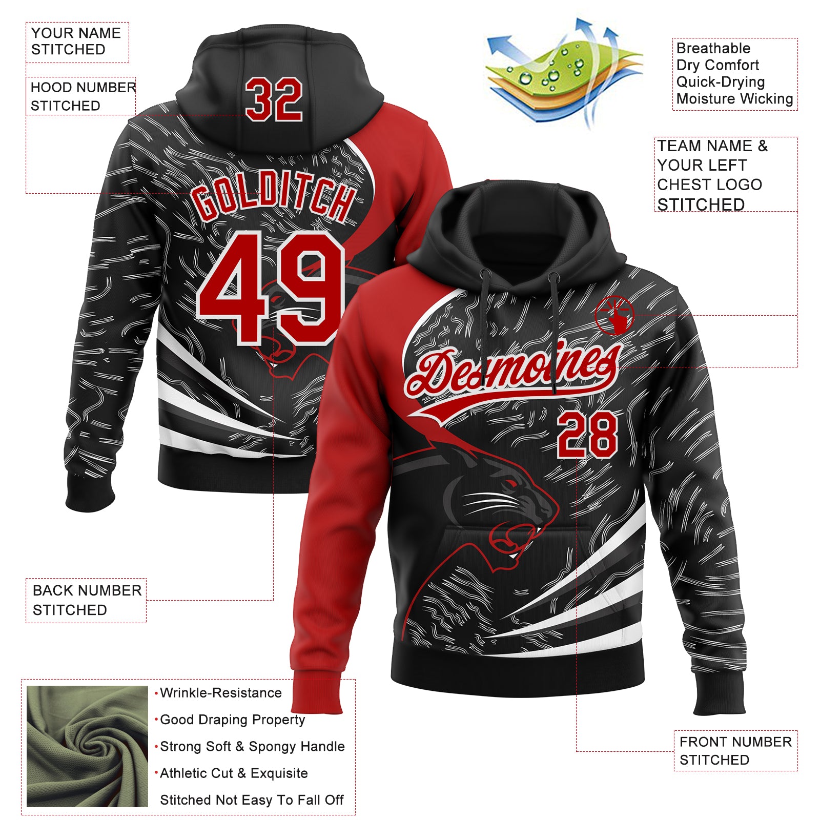 Custom Stitched Black Red-White 3D Pattern Design Leopardo Sports Pullover Sweatshirt Hoodie