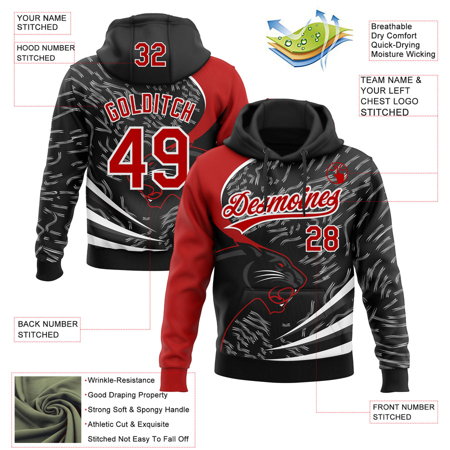 Custom Stitched Black Red-White 3D Pattern Design Leopardo Sports Pullover Sweatshirt Hoodie