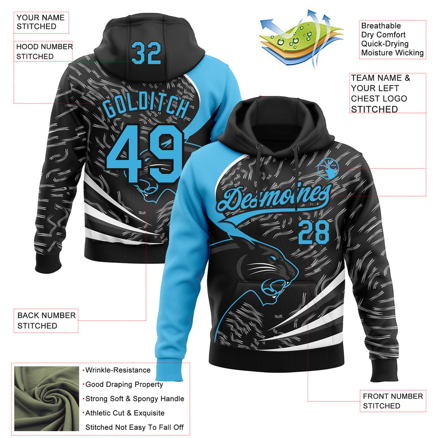 Custom Stitched Black Sky Blue-Black 3D Pattern Design Leopardo Sports Pullover Sweatshirt Hoodie