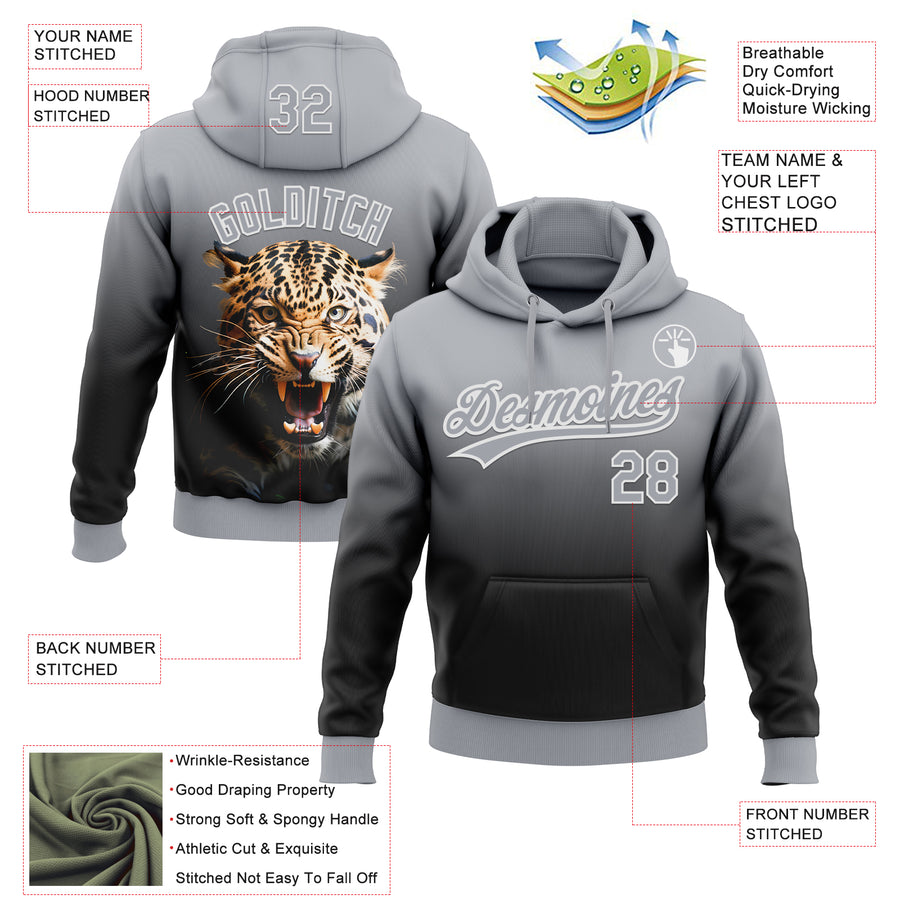 Custom Stitched Black Gray-White 3D Pattern Design Leopardo Sports Pullover Sweatshirt Hoodie