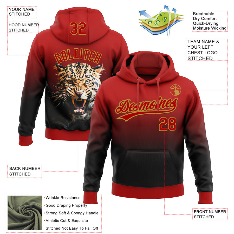 Custom Stitched Black Red-Old Gold 3D Pattern Design Leopardo Sports Pullover Sweatshirt Hoodie