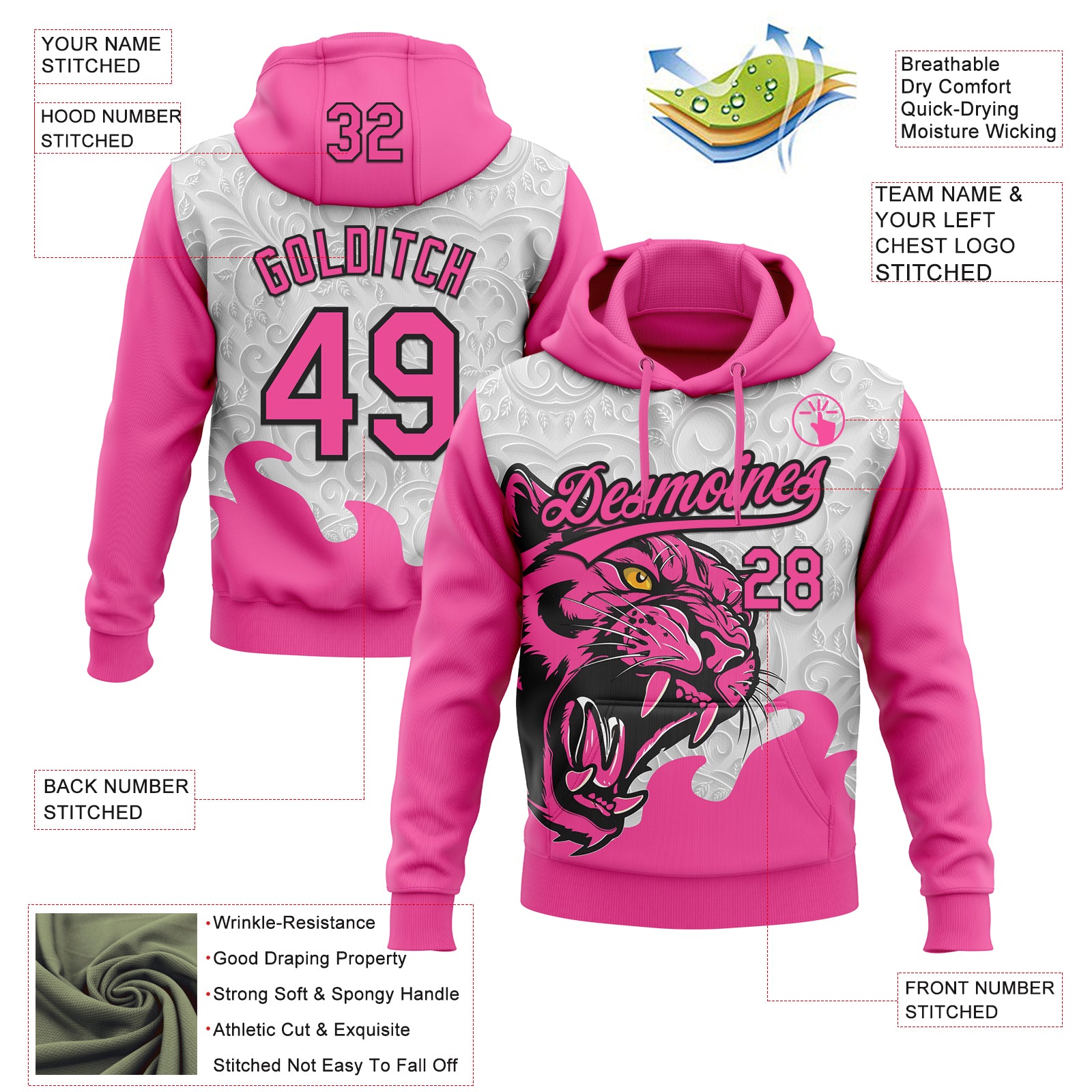 Custom Stitched Gray Pink-Black 3D Pattern Design Leopardo Sports Pullover Sweatshirt Hoodie