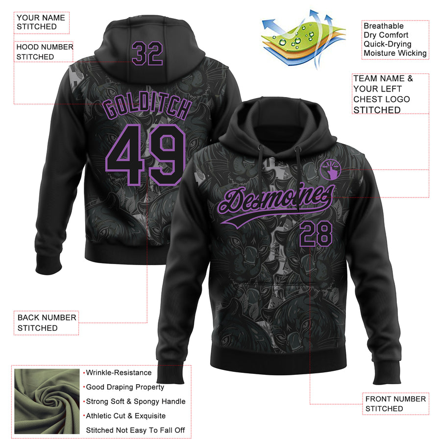 Custom Stitched Black Black-Medium Purple 3D Pattern Design Leopardo Sports Pullover Sweatshirt Hoodie
