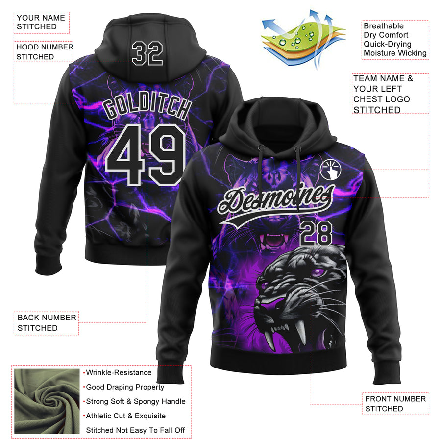 Custom Stitched Purple Black-White 3D Pattern Design Leopardo Sports Pullover Sweatshirt Hoodie