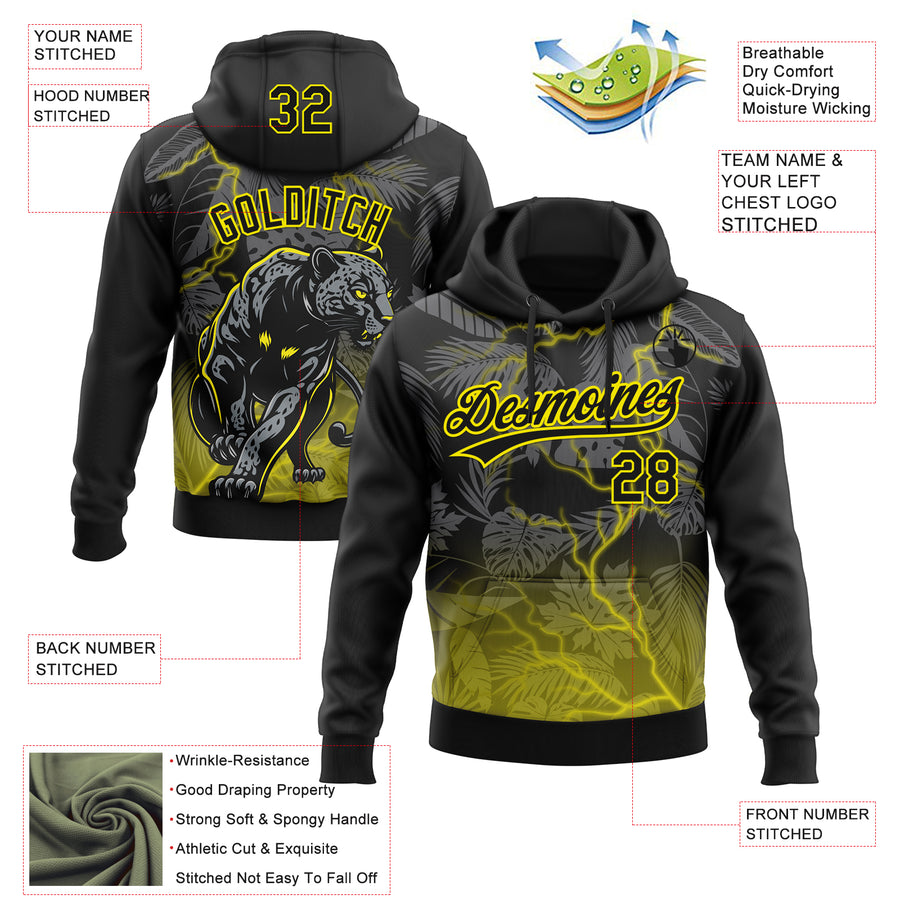 Custom Stitched Black Black-Light Yellow 3D Pattern Design Leopardo Sports Pullover Sweatshirt Hoodie