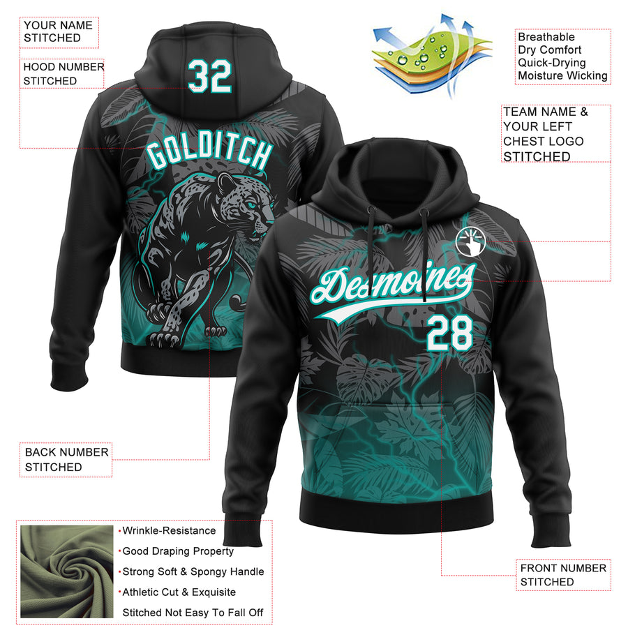 Custom Stitched Black White-Teal 3D Pattern Design Leopardo Sports Pullover Sweatshirt Hoodie