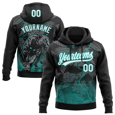 Custom Stitched Black White-Teal 3D Pattern Design Leopardo Sports Pullover Sweatshirt Hoodie
