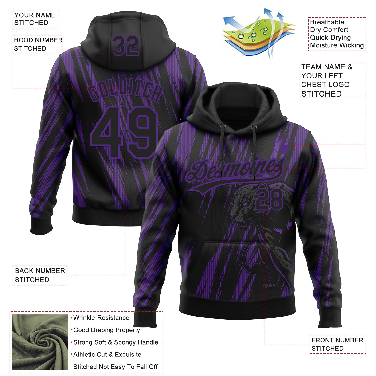 Custom Stitched Black Black-Purple 3D Pattern Design Leopardo Sports Pullover Sweatshirt Hoodie
