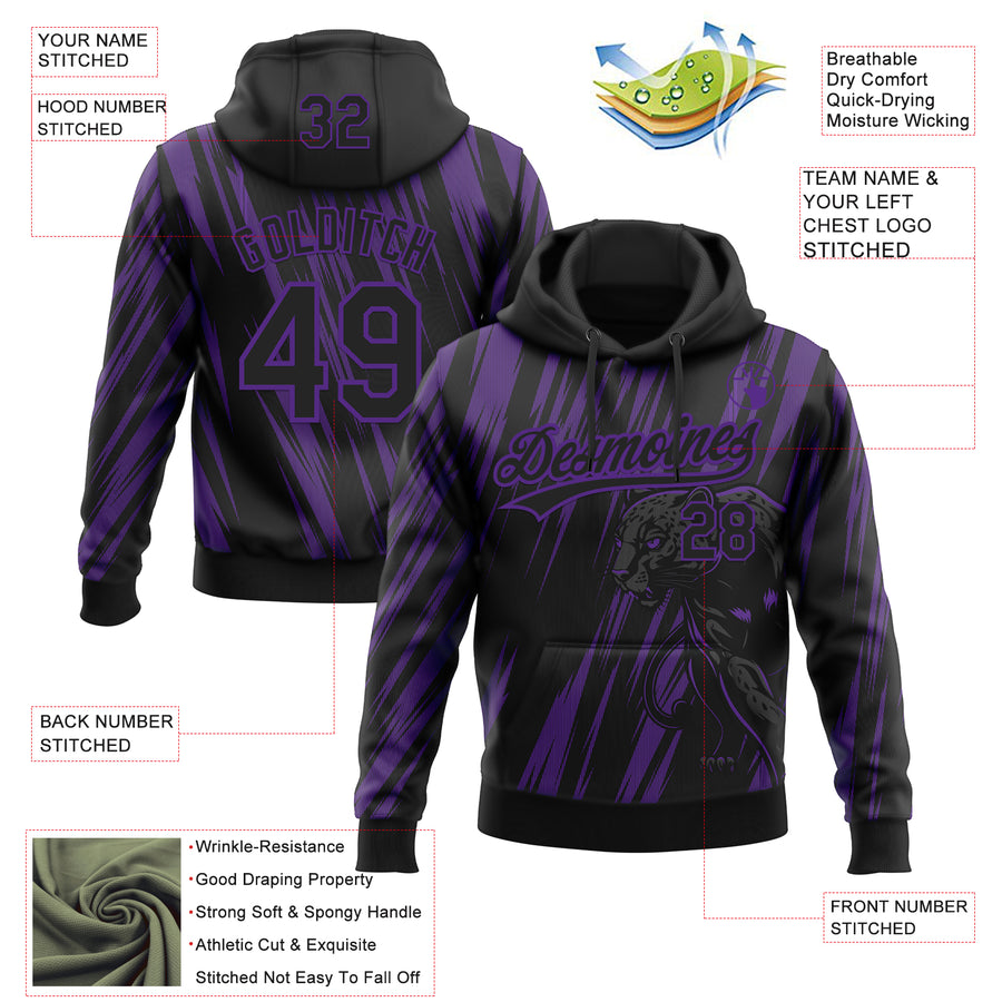 Custom Stitched Black Black-Purple 3D Pattern Design Leopardo Sports Pullover Sweatshirt Hoodie