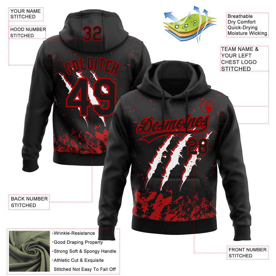 Custom Stitched Black Black-Red 3D Pattern Design Leopardo Scratch Sports Pullover Sweatshirt Hoodie