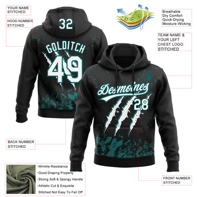 Custom Stitched Black White-Teal 3D Pattern Design Leopardo Scratch Sports Pullover Sweatshirt Hoodie