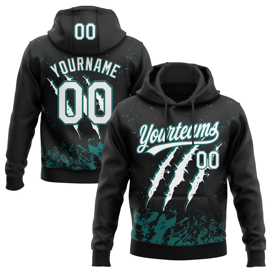 Custom Stitched Black White-Teal 3D Pattern Design Leopardo Scratch Sports Pullover Sweatshirt Hoodie