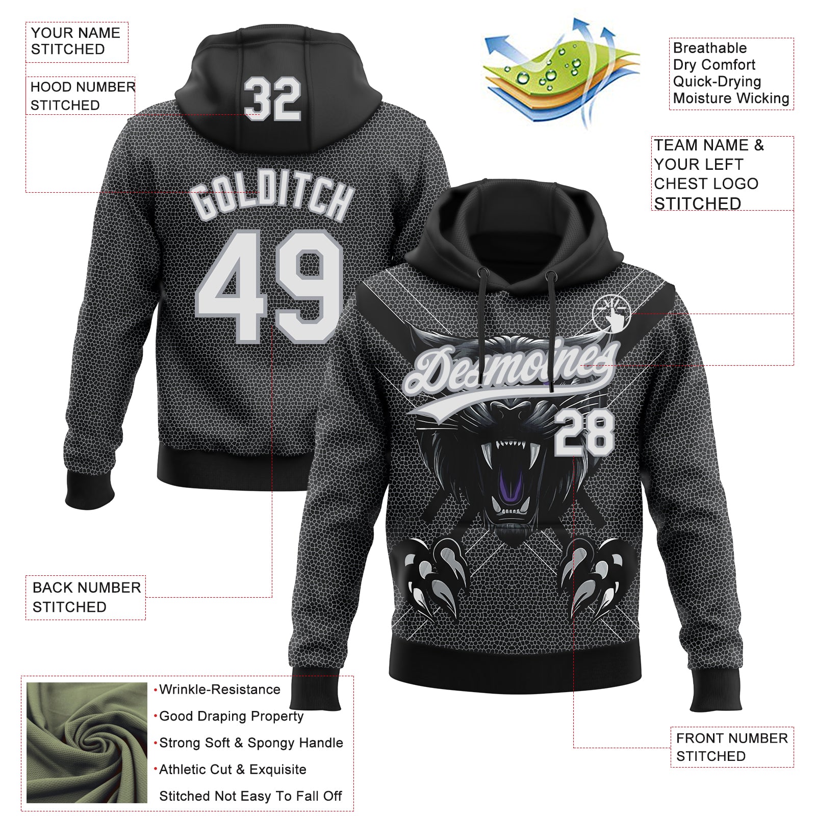 Custom Stitched Black White-Gray 3D Pattern Design Leopardo Sports Pullover Sweatshirt Hoodie