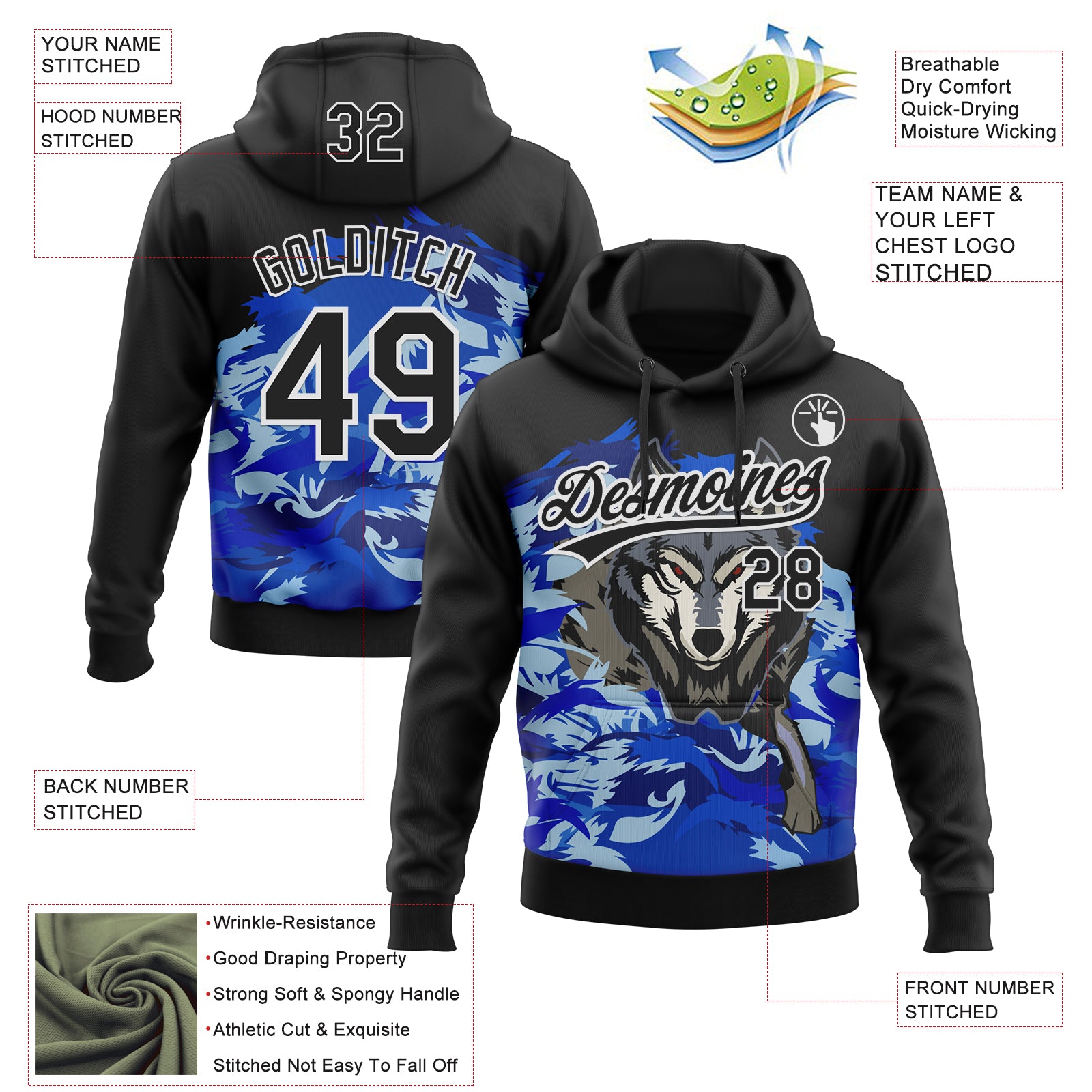 Custom Stitched Royal Black White-Sky Blue 3D Pattern Design Wolf Sports Pullover Sweatshirt Hoodie