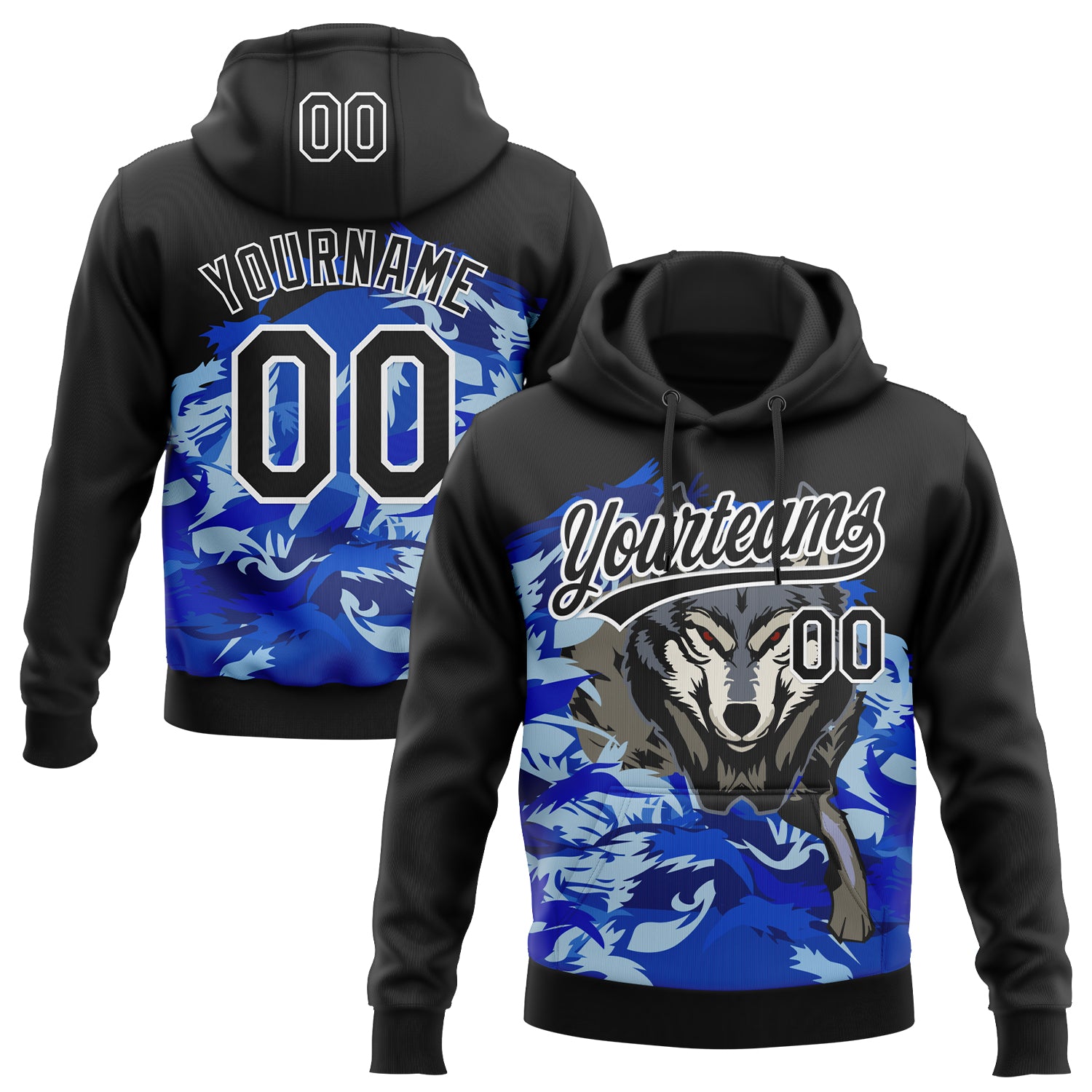 Custom Stitched Royal Black White-Sky Blue 3D Pattern Design Wolf Sports Pullover Sweatshirt Hoodie