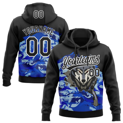 Custom Stitched Royal Black White-Sky Blue 3D Pattern Design Wolf Sports Pullover Sweatshirt Hoodie