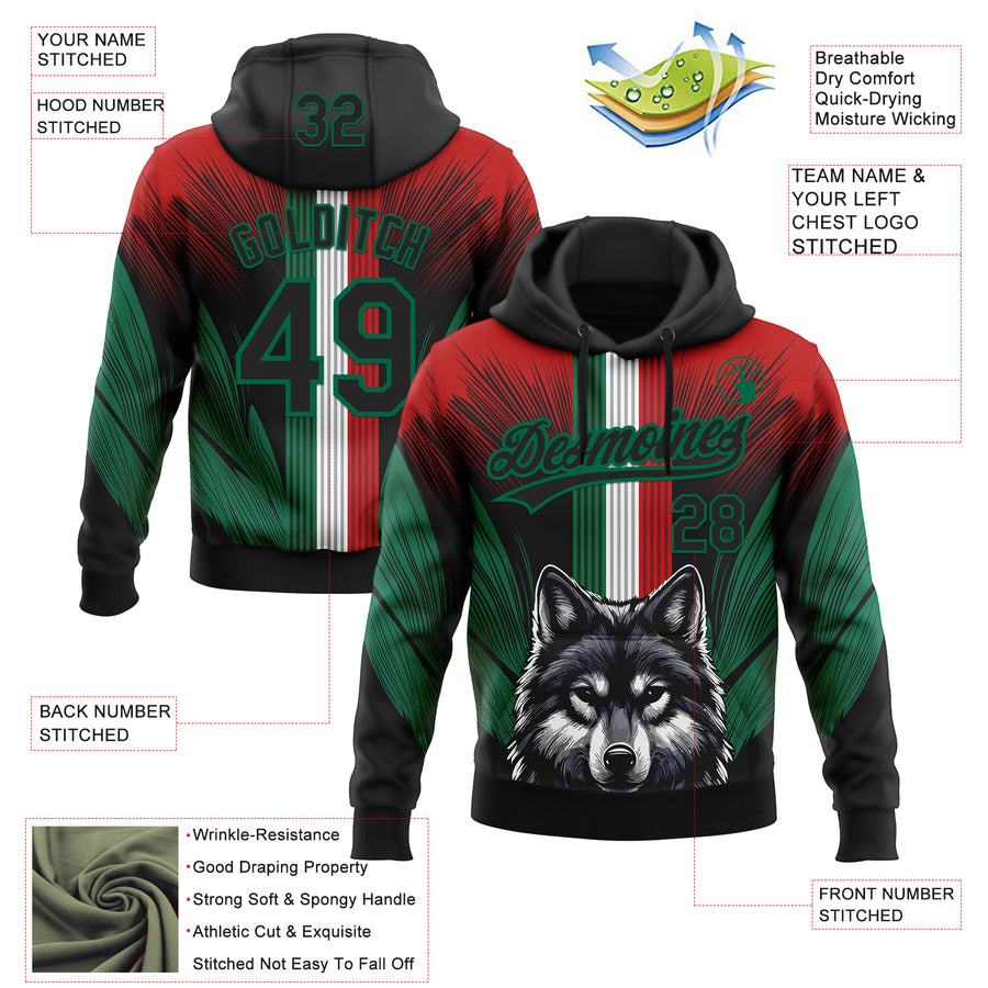 Custom Stitched Red Black-Kelly Green 3D Pattern Design Wolf Sports Pullover Sweatshirt Hoodie