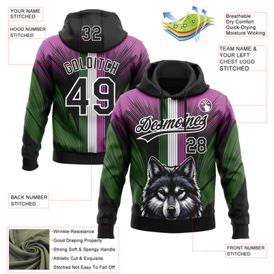 Custom Stitched Medium Purple Black White-Aurora Green 3D Pattern Design Wolf Sports Pullover Sweatshirt Hoodie