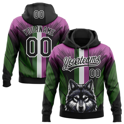 Custom Stitched Medium Purple Black White-Aurora Green 3D Pattern Design Wolf Sports Pullover Sweatshirt Hoodie