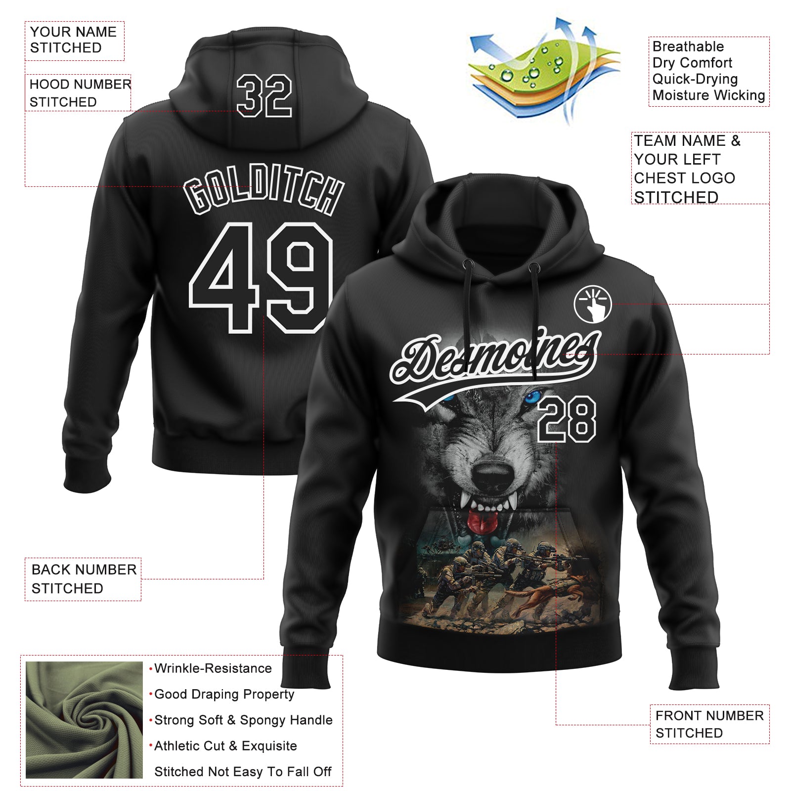 Custom Stitched Black Black-White 3D Pattern Design Wolf Sports Pullover Sweatshirt Hoodie