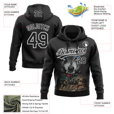 Custom Stitched Black Black-White 3D Pattern Design Wolf Sports Pullover Sweatshirt Hoodie