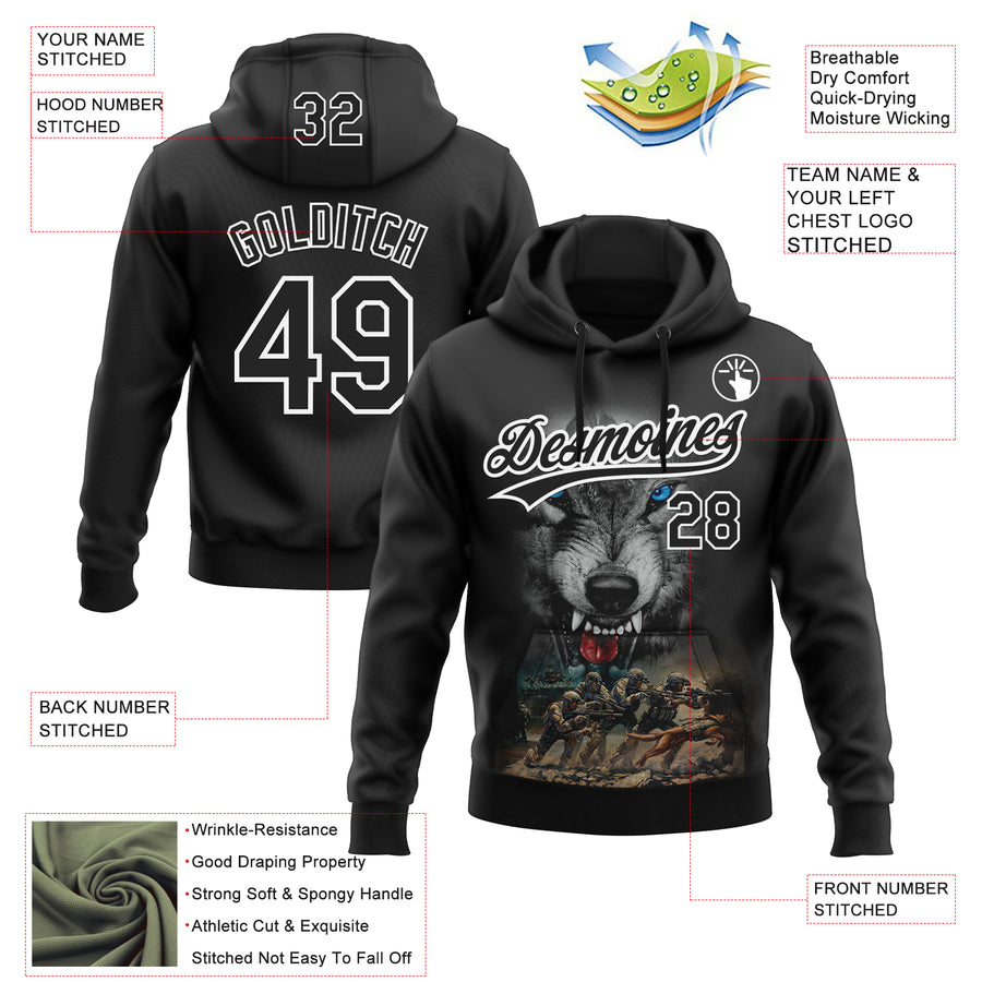 Custom Stitched Black Black-White 3D Pattern Design Wolf Sports Pullover Sweatshirt Hoodie