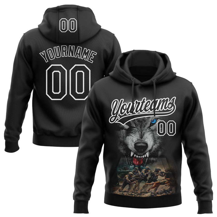 Custom Stitched Black Black-White 3D Pattern Design Wolf Sports Pullover Sweatshirt Hoodie