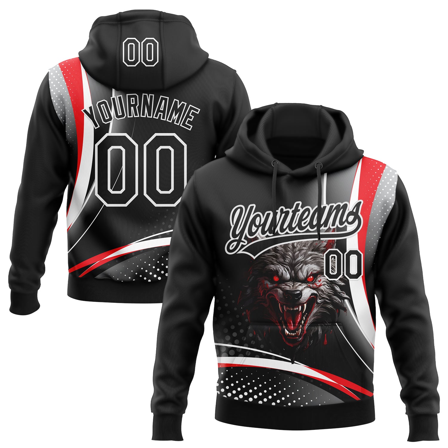 Custom Stitched Red Black-White 3D Pattern Design Wolf Sports Pullover Sweatshirt Hoodie