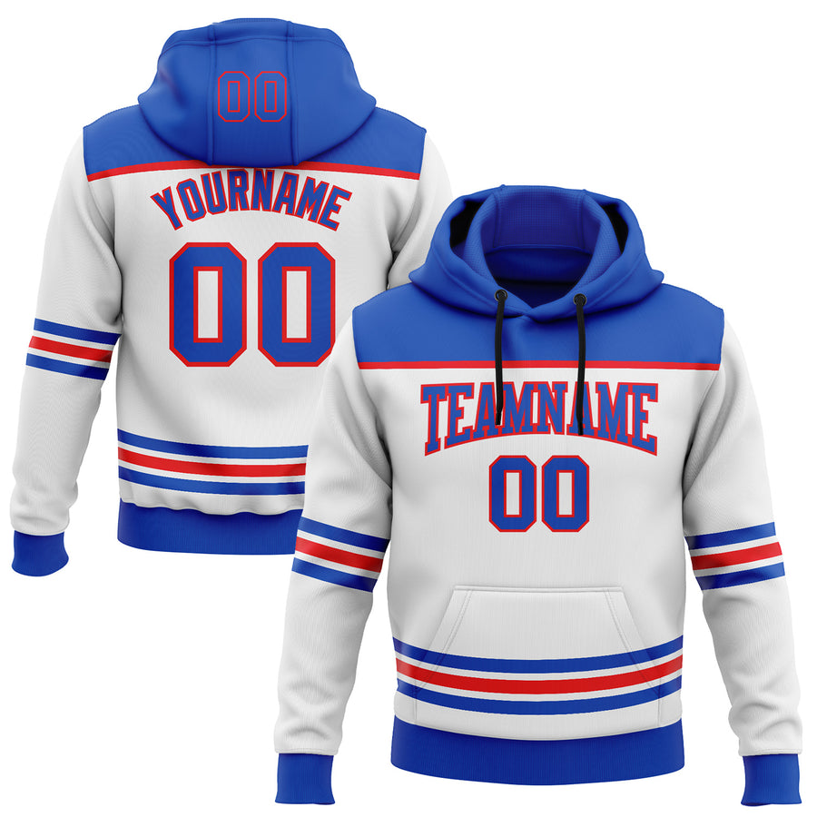 Custom White Thunder Blue-Fire Red 3D Pattern Design Game Day Stripe Sports Pullover Sweatshirt Hoodie