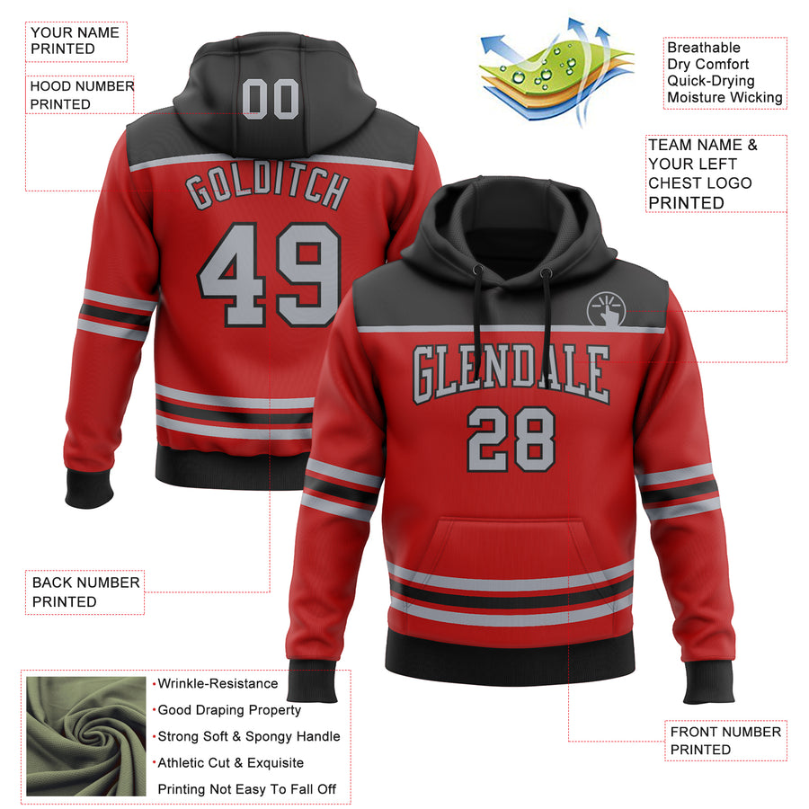 Custom Red Gray-Black 3D Pattern Design Game Day Carolina Inspired Sports Pullover Sweatshirt Hoodie