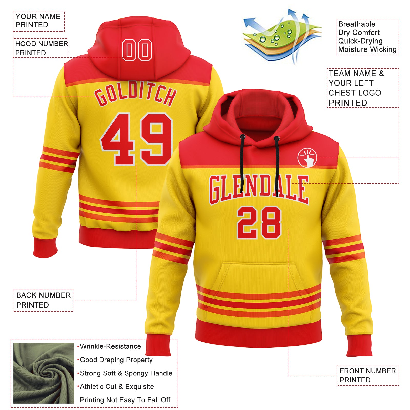 Custom Yellow Fire Red-White 3D Pattern Design Game Day Chicago Inspired Sports Pullover Sweatshirt Hoodie