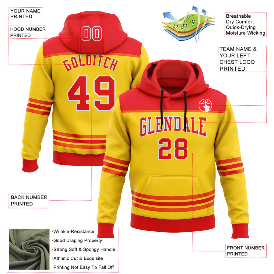 Custom Yellow Fire Red-White 3D Pattern Design Game Day Chicago Inspired Sports Pullover Sweatshirt Hoodie