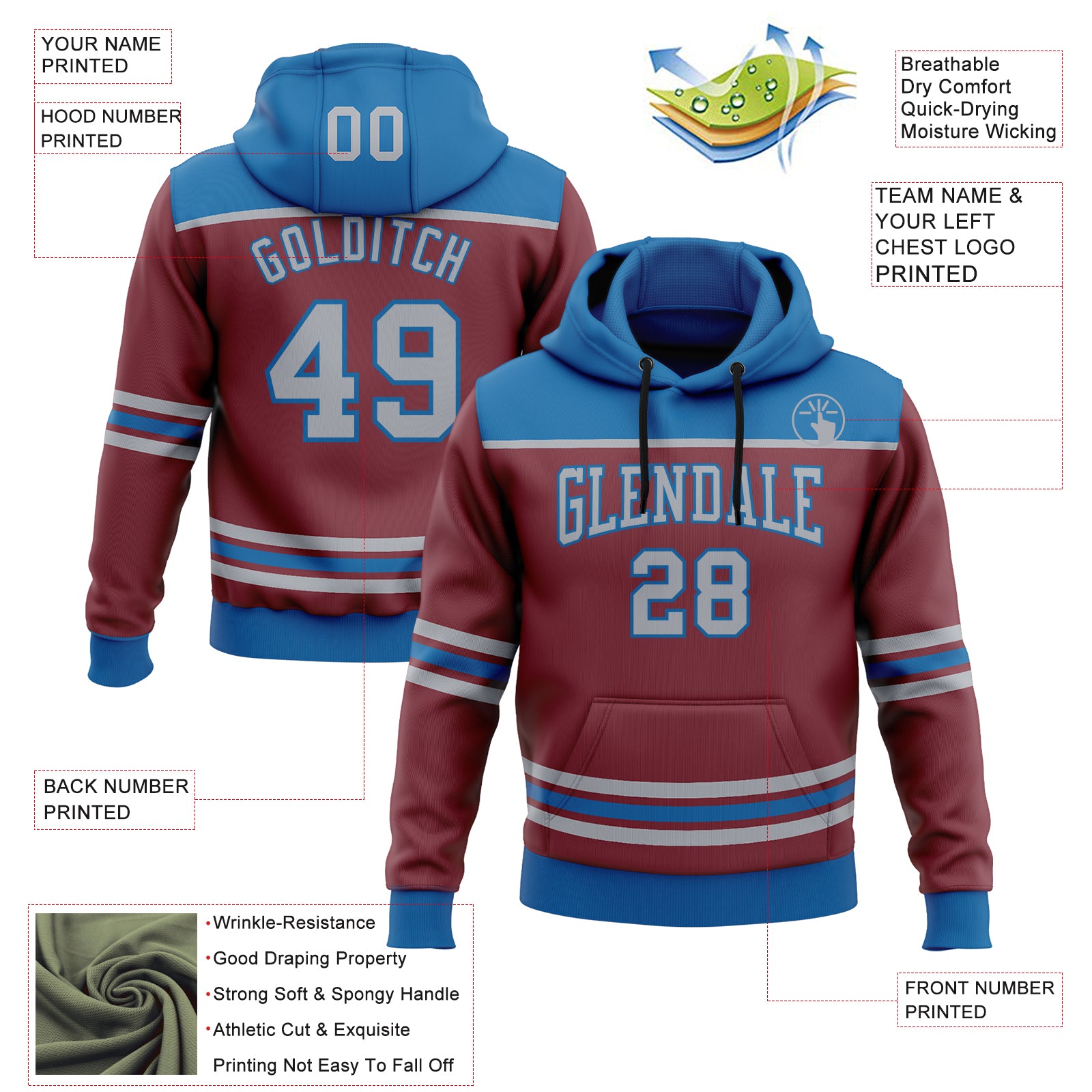 Custom Burgundy Gray-Blue 3D Pattern Design Game Day Colorado Inspired Sports Pullover Sweatshirt Hoodie