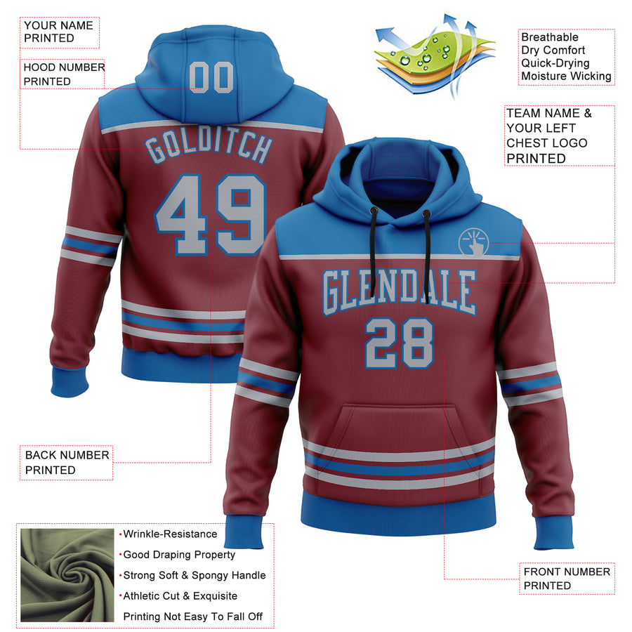 Custom Burgundy Gray-Blue 3D Pattern Design Game Day Colorado Inspired Sports Pullover Sweatshirt Hoodie