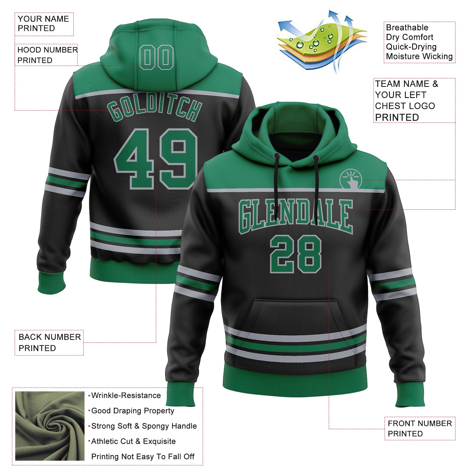 Custom Black Kelly Green-Gray 3D Pattern Design Game Day Dallas Inspired Sports Pullover Sweatshirt Hoodie