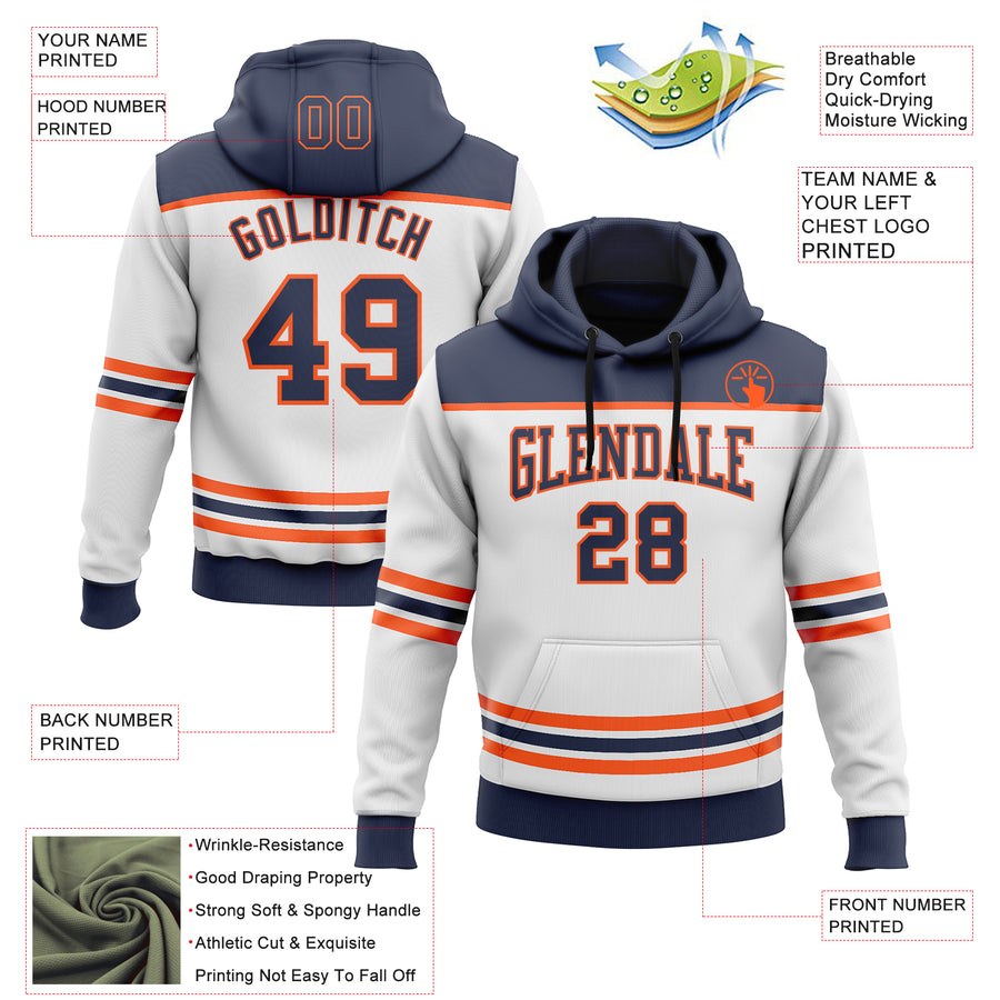 Custom White Navy-Orange 3D Pattern Design Game Day Edmonton Inspired Sports Pullover Sweatshirt Hoodie