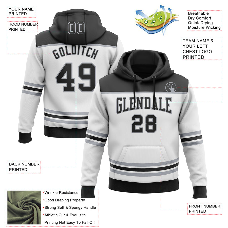 Custom White Black-Gray 3D Pattern Design Game Day Los Angeles Inspired Sports Pullover Sweatshirt Hoodie