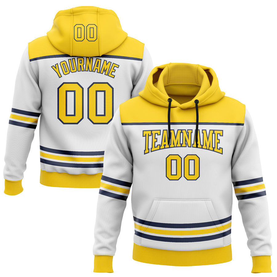 Custom White Yellow-Navy 3D Pattern Design Game Day Nashville Inspired Sports Pullover Sweatshirt Hoodie