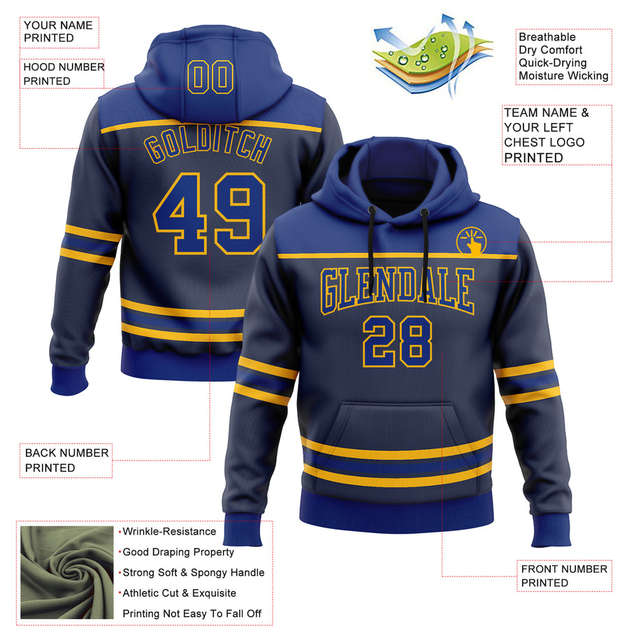 Custom Navy Royal-Gold 3D Pattern Design Game Day St.Louis Inspired Sports Pullover Sweatshirt Hoodie